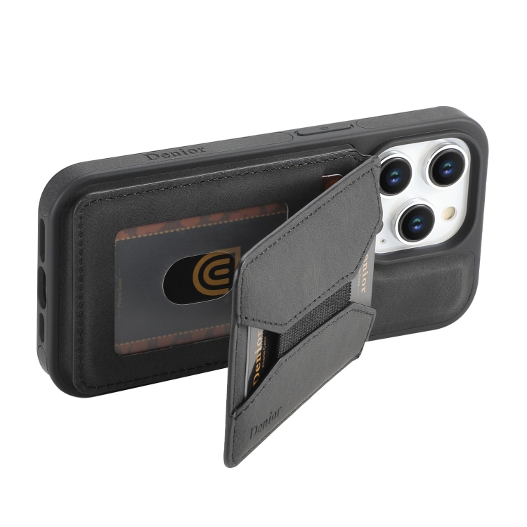 For iPhone 15 Plus / 14 Plus Denior D18 Skin Feel Rotating Holder MagSafe Detachable Card Slot Phone Case(Black) For iPhone 15 Plus / 14 Plus Denior D18 Skin Feel Rotating Holder MagSafe Detachable Card Slot Phone Case(Black)