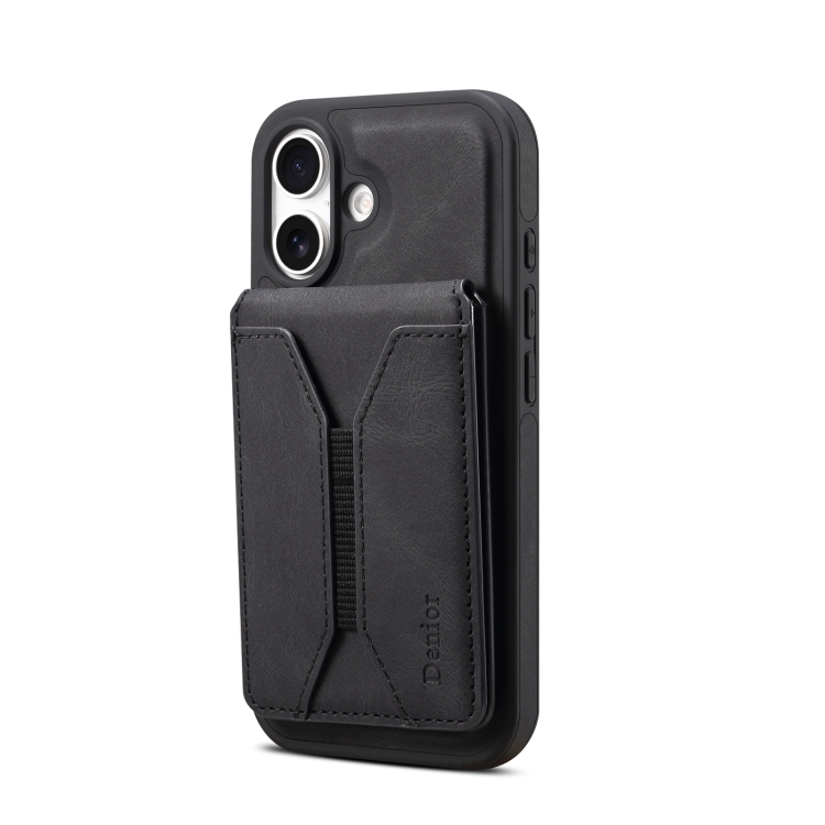 For iPhone 16 Plus Denior D18 Skin Feel Rotating Holder MagSafe Detachable Card Slot Phone Case(Black) For iPhone 16 Plus Denior D18 Skin Feel Rotating Holder MagSafe Detachable Card Slot Phone Case(Black)