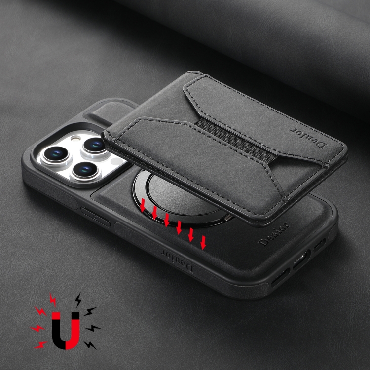 For iPhone 16 Plus Denior D18 Skin Feel Rotating Holder MagSafe Detachable Card Slot Phone Case(Black) For iPhone 16 Plus Denior D18 Skin Feel Rotating Holder MagSafe Detachable Card Slot Phone Case(Black)