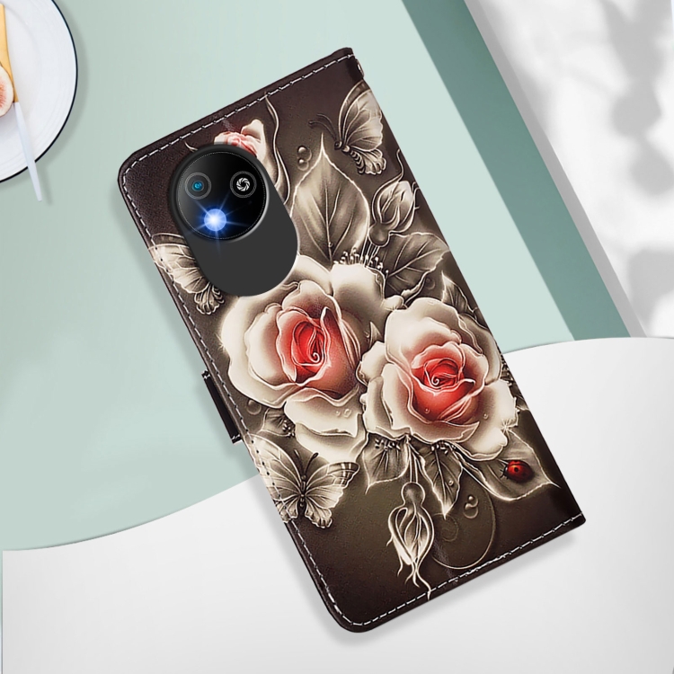 For ZTE Blade A35 Lite / A35 Core Colored Drawing Pattern Plain Weave Leather Phone Case(Roses On Black)