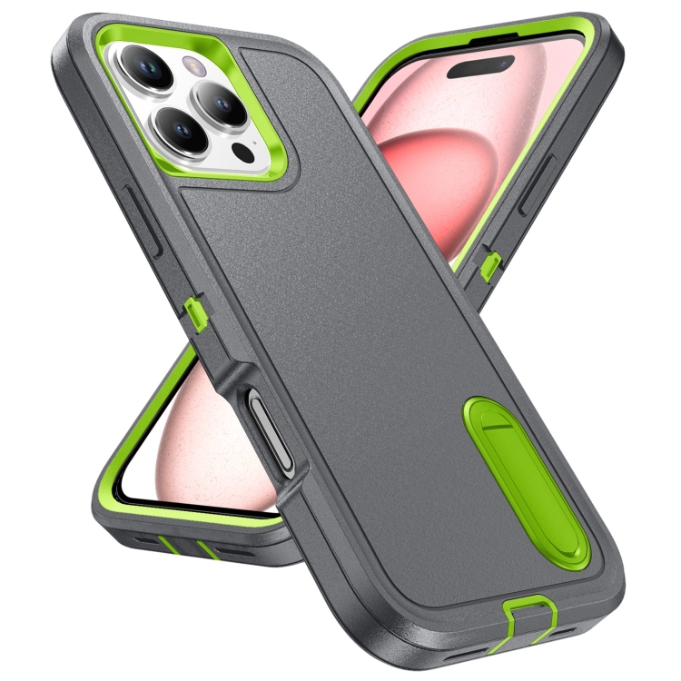 For iPhone 16 Pro Rugged PC + Silicone Phone Case with Holder(Grey+Fresh Green) For iPhone 16 Pro Rugged PC + Silicone Phone Case with Holder(Grey+Fresh Green)