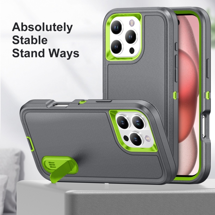 For iPhone 16 Pro Rugged PC + Silicone Phone Case with Holder(Grey+Fresh Green) For iPhone 16 Pro Rugged PC + Silicone Phone Case with Holder(Grey+Fresh Green)