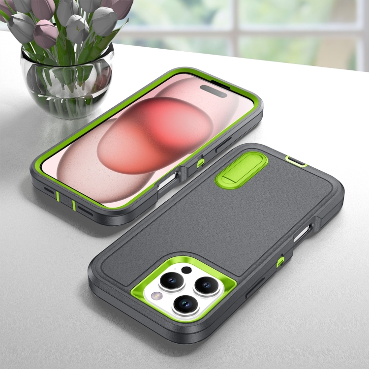 For iPhone 16 Pro Rugged PC + Silicone Phone Case with Holder(Grey+Fresh Green) For iPhone 16 Pro Rugged PC + Silicone Phone Case with Holder(Grey+Fresh Green)