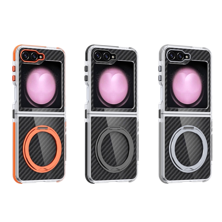 For Samsung Galaxy Z Flip5 Dual-Color Carbon Fiber 360 Rotating Holder Phone Case(Orange) For Samsung Galaxy Z Flip5 Dual-Color Carbon Fiber 360 Rotating Holder Phone Case(Orange)