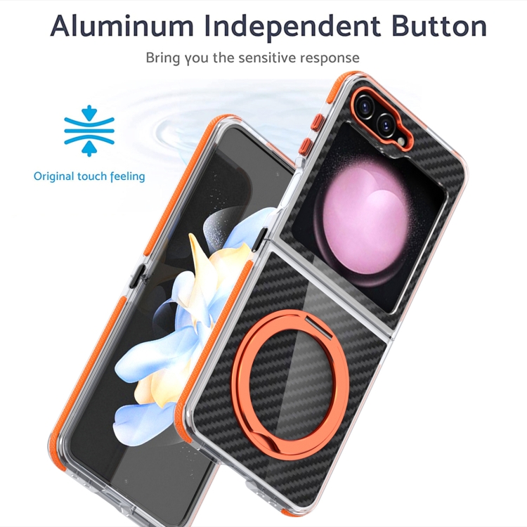 For Samsung Galaxy Z Flip5 Dual-Color Carbon Fiber 360 Rotating Holder Phone Case(Orange) For Samsung Galaxy Z Flip5 Dual-Color Carbon Fiber 360 Rotating Holder Phone Case(Orange)
