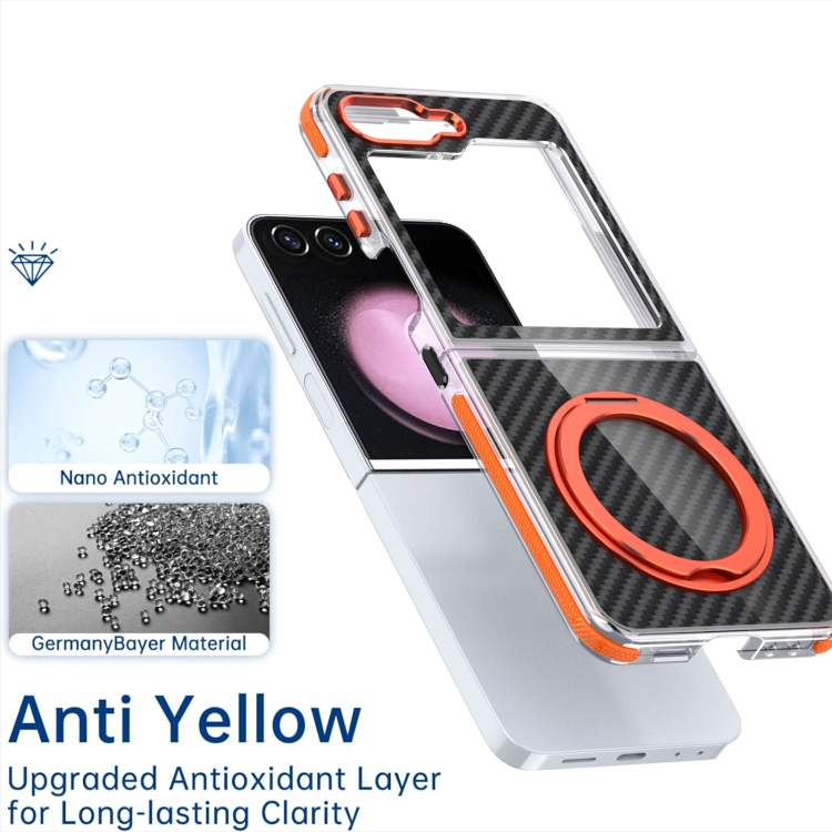 For Samsung Galaxy Z Flip5 Dual-Color Carbon Fiber 360 Rotating Holder Phone Case(Orange) For Samsung Galaxy Z Flip5 Dual-Color Carbon Fiber 360 Rotating Holder Phone Case(Orange)