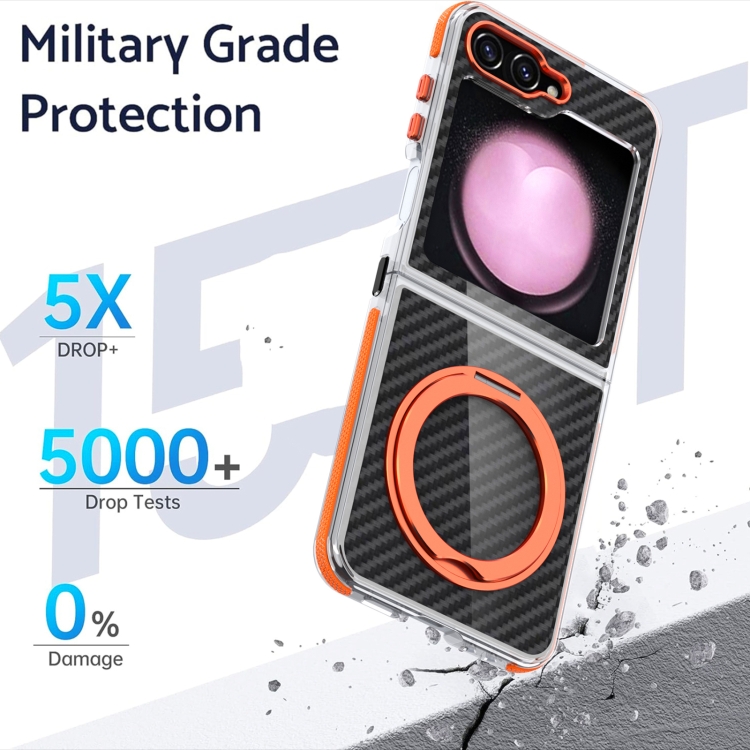For Samsung Galaxy Z Flip5 Dual-Color Carbon Fiber 360 Rotating Holder Phone Case(Orange) For Samsung Galaxy Z Flip5 Dual-Color Carbon Fiber 360 Rotating Holder Phone Case(Orange)