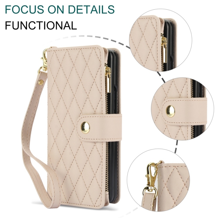 For Samsung Galaxy Z Fold6 Rhombic Zipper Card Wallet Leather Phone Case with Lanyard(Apricot) For Samsung Galaxy Z Fold6 Rhombic Zipper Card Wallet Leather Phone Case with Lanyard(Apricot)
