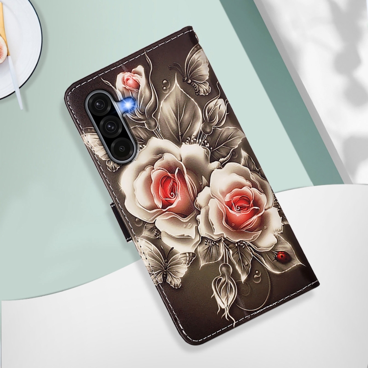 For Samsung Galaxy A56 5G Colored Drawing Pattern Plain Weave Leather Phone Case(Roses On Black)