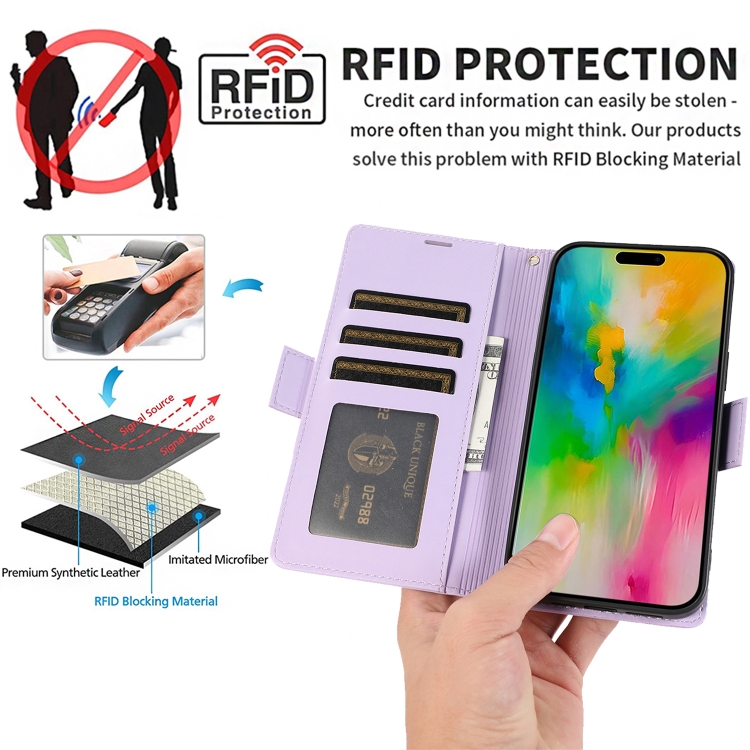 For iPhone 12 Pro Max Side Buckle RFID Anti-theft Leather Phone Case(Light Purple) For iPhone 12 Pro Max Side Buckle RFID Anti-theft Leather Phone Case(Light Purple)