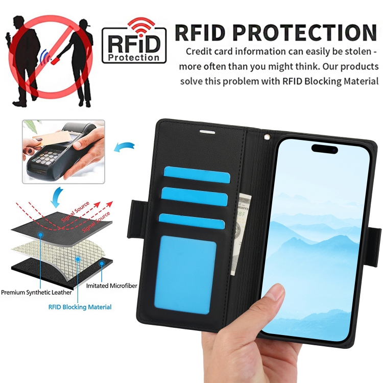 For iPhone 16 Side Buckle RFID Anti-theft Leather Phone Case(Black) For iPhone 16 Side Buckle RFID Anti-theft Leather Phone Case(Black)