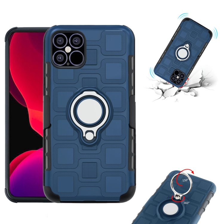 For iPhone 12 / 12 Pro 3 In 1 Cube PC + TPU Protective Case with 360 Degrees Rotate Silver Ring Holder(Navy Blue) For iPhone 12 / 12 Pro 3 In 1 Cube PC + TPU Protective Case with 360 Degrees Rotate Silver Ring Holder(Navy Blue)