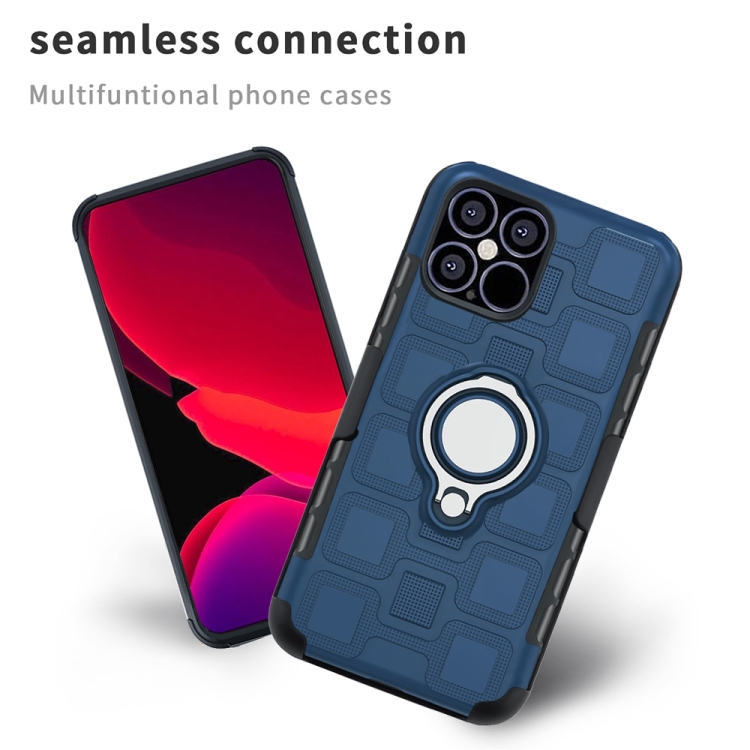 For iPhone 12 / 12 Pro 3 In 1 Cube PC + TPU Protective Case with 360 Degrees Rotate Silver Ring Holder(Navy Blue) For iPhone 12 / 12 Pro 3 In 1 Cube PC + TPU Protective Case with 360 Degrees Rotate Silver Ring Holder(Navy Blue)