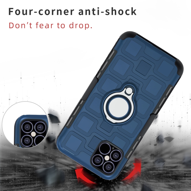 For iPhone 12 / 12 Pro 3 In 1 Cube PC + TPU Protective Case with 360 Degrees Rotate Silver Ring Holder(Navy Blue) For iPhone 12 / 12 Pro 3 In 1 Cube PC + TPU Protective Case with 360 Degrees Rotate Silver Ring Holder(Navy Blue)