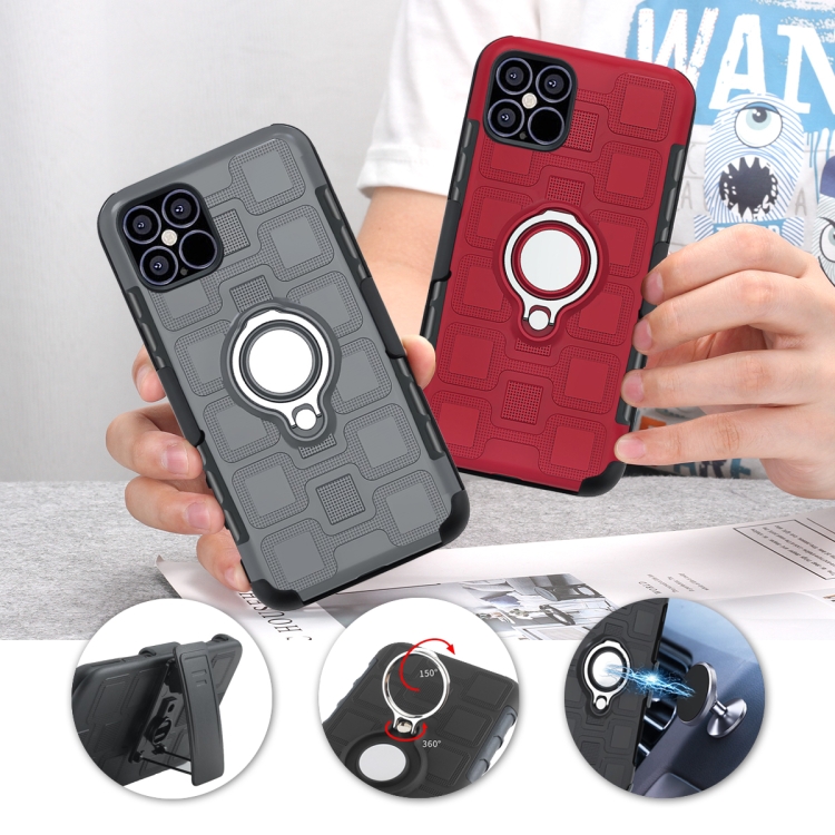 For iPhone 12 / 12 Pro 3 In 1 Cube PC + TPU Protective Case with 360 Degrees Rotate Silver Ring Holder(Navy Blue) For iPhone 12 / 12 Pro 3 In 1 Cube PC + TPU Protective Case with 360 Degrees Rotate Silver Ring Holder(Navy Blue)