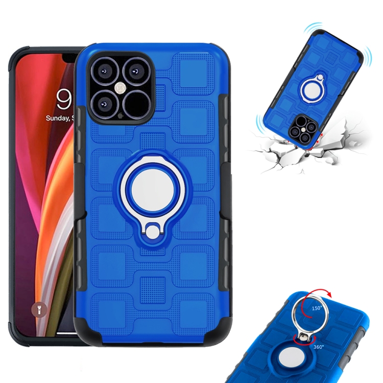For iPhone 12 Pro Max 3 In 1 Cube PC + TPU Protective Case with 360 Degrees Rotate Silver Ring Holder(Blue) For iPhone 12 Pro Max 3 In 1 Cube PC + TPU Protective Case with 360 Degrees Rotate Silver Ring Holder(Blue)