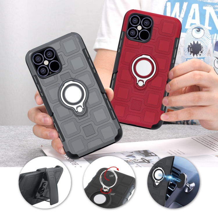 For iPhone 12 Pro Max 3 In 1 Cube PC + TPU Protective Case with 360 Degrees Rotate Silver Ring Holder(Blue) For iPhone 12 Pro Max 3 In 1 Cube PC + TPU Protective Case with 360 Degrees Rotate Silver Ring Holder(Blue)
