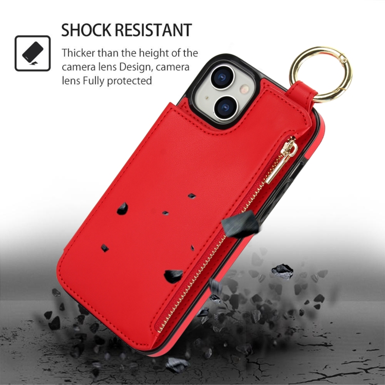 For iPhone 14 Plus RFlD Anti-theft Double Buckle Ring Zipper Card Phone Case(Red) For iPhone 14 Plus RFlD Anti-theft Double Buckle Ring Zipper Card Phone Case(Red)