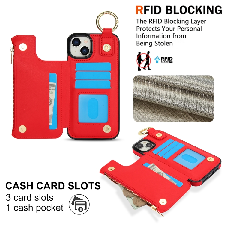 For iPhone 14 Plus RFlD Anti-theft Double Buckle Ring Zipper Card Phone Case(Red) For iPhone 14 Plus RFlD Anti-theft Double Buckle Ring Zipper Card Phone Case(Red)