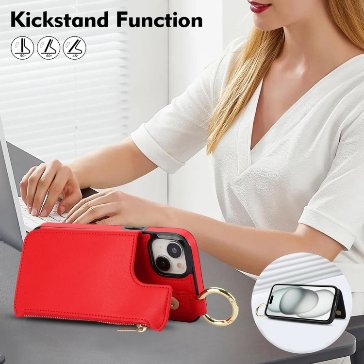 For iPhone 14 Plus RFlD Anti-theft Double Buckle Ring Zipper Card Phone Case(Red) For iPhone 14 Plus RFlD Anti-theft Double Buckle Ring Zipper Card Phone Case(Red)