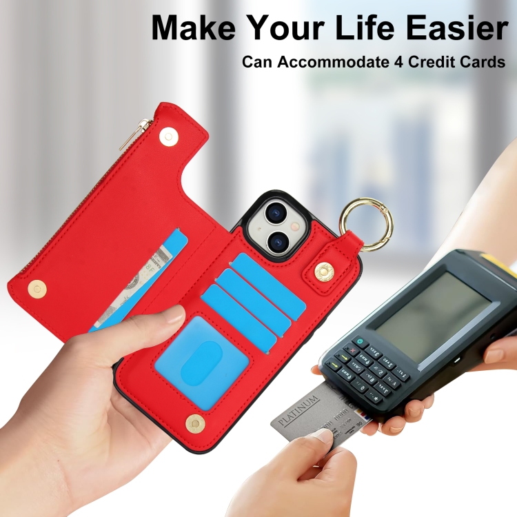 For iPhone 14 Plus RFlD Anti-theft Double Buckle Ring Zipper Card Phone Case(Red) For iPhone 14 Plus RFlD Anti-theft Double Buckle Ring Zipper Card Phone Case(Red)