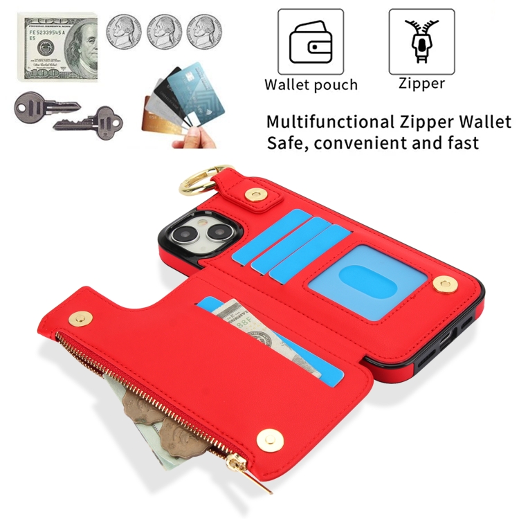 For iPhone 14 Plus RFlD Anti-theft Double Buckle Ring Zipper Card Phone Case(Red) For iPhone 14 Plus RFlD Anti-theft Double Buckle Ring Zipper Card Phone Case(Red)