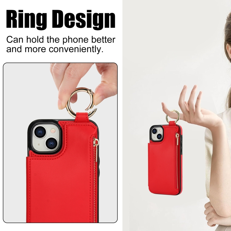For iPhone 14 Plus RFlD Anti-theft Double Buckle Ring Zipper Card Phone Case(Red) For iPhone 14 Plus RFlD Anti-theft Double Buckle Ring Zipper Card Phone Case(Red)