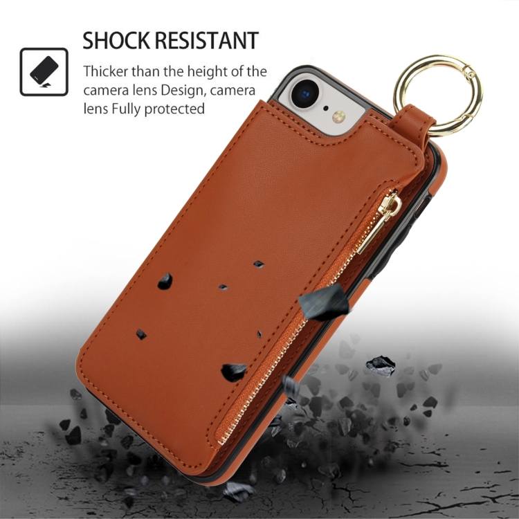 For iPhone SE 2022 / SE 2020 / 7 / 8 RFlD Anti-theft Double Buckle Ring Zipper Card Phone Case(Brown) For iPhone SE 2022 / SE 2020 / 7 / 8 RFlD Anti-theft Double Buckle Ring Zipper Card Phone Case(Brown)