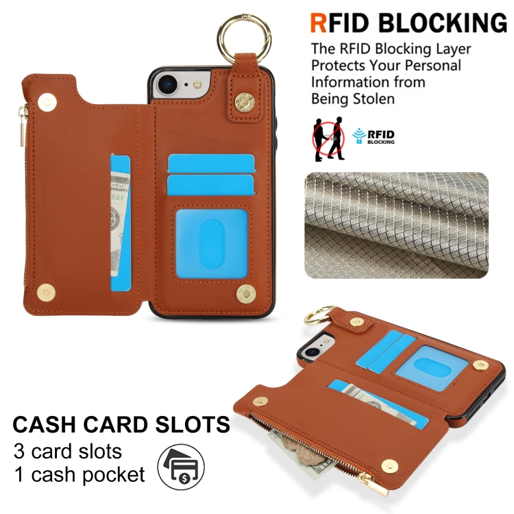 For iPhone SE 2022 / SE 2020 / 7 / 8 RFlD Anti-theft Double Buckle Ring Zipper Card Phone Case(Brown) For iPhone SE 2022 / SE 2020 / 7 / 8 RFlD Anti-theft Double Buckle Ring Zipper Card Phone Case(Brown)