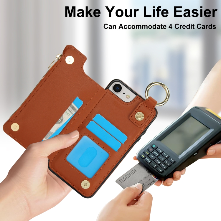 For iPhone SE 2022 / SE 2020 / 7 / 8 RFlD Anti-theft Double Buckle Ring Zipper Card Phone Case(Brown) For iPhone SE 2022 / SE 2020 / 7 / 8 RFlD Anti-theft Double Buckle Ring Zipper Card Phone Case(Brown)