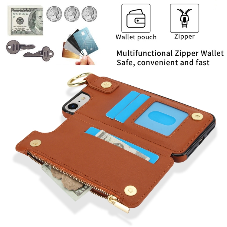 For iPhone SE 2022 / SE 2020 / 7 / 8 RFlD Anti-theft Double Buckle Ring Zipper Card Phone Case(Brown) For iPhone SE 2022 / SE 2020 / 7 / 8 RFlD Anti-theft Double Buckle Ring Zipper Card Phone Case(Brown)