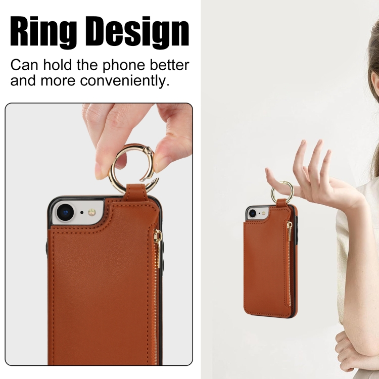For iPhone SE 2022 / SE 2020 / 7 / 8 RFlD Anti-theft Double Buckle Ring Zipper Card Phone Case(Brown) For iPhone SE 2022 / SE 2020 / 7 / 8 RFlD Anti-theft Double Buckle Ring Zipper Card Phone Case(Brown)