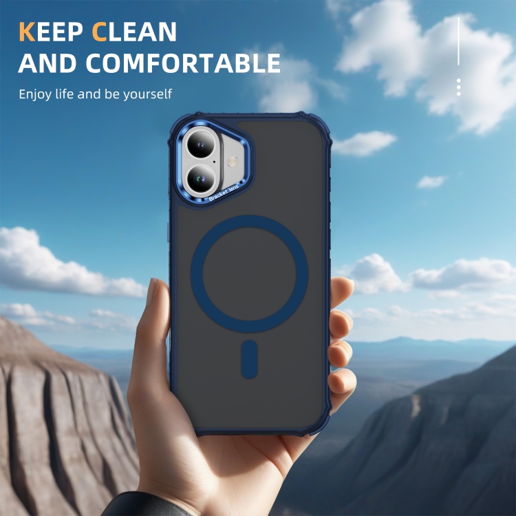 For iPhone 16 Rainbow Series Skin Feel MagSafe Lens Holder Phone Case(Blue) For iPhone 16 Rainbow Series Skin Feel MagSafe Lens Holder Phone Case(Blue)