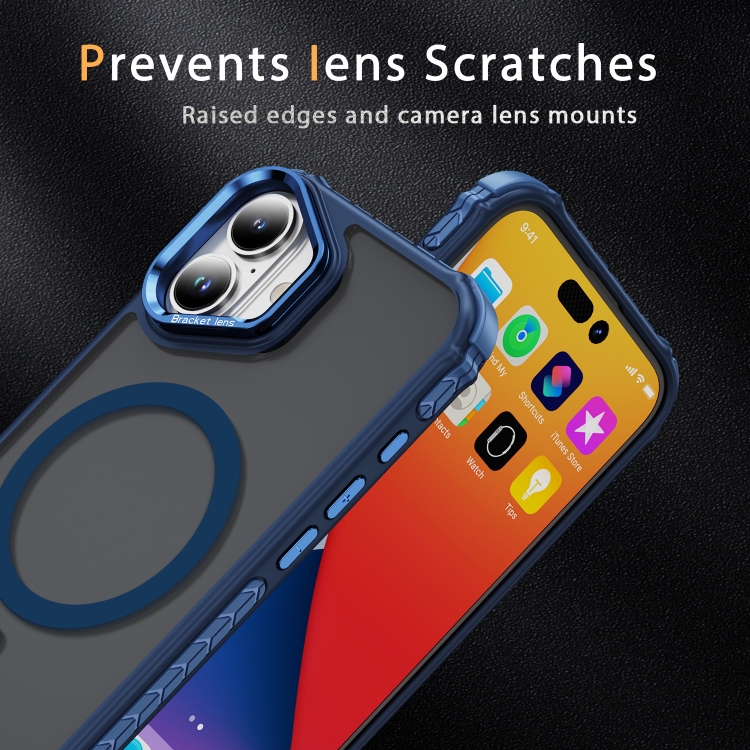 For iPhone 16 Rainbow Series Skin Feel MagSafe Lens Holder Phone Case(Blue) For iPhone 16 Rainbow Series Skin Feel MagSafe Lens Holder Phone Case(Blue)
