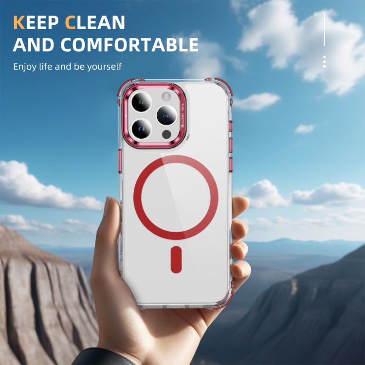For iPhone 15 Pro Rainbow Series Transparent MagSafe Lens Holder Phone Case(Red)