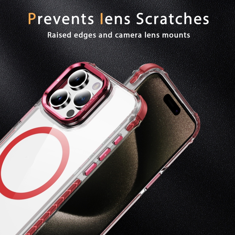 For iPhone 15 Pro Rainbow Series Transparent MagSafe Lens Holder Phone Case(Red)