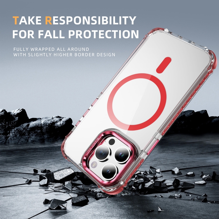 For iPhone 15 Pro Rainbow Series Transparent MagSafe Lens Holder Phone Case(Red)