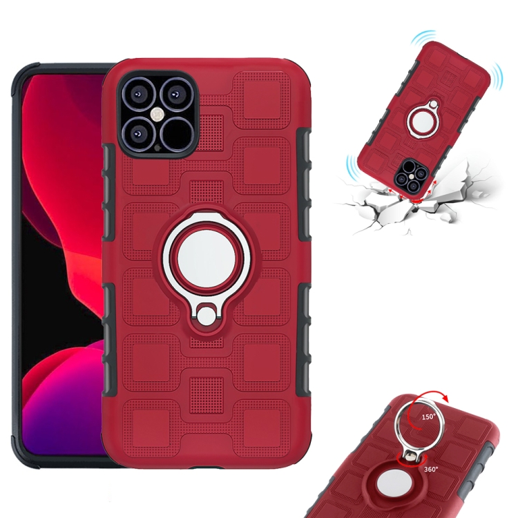 For iPhone 12 / 12 Pro 2 In 1 Cube PC + TPU Protective Case with 360 Degrees Rotate Silver Ring Holder(Red)