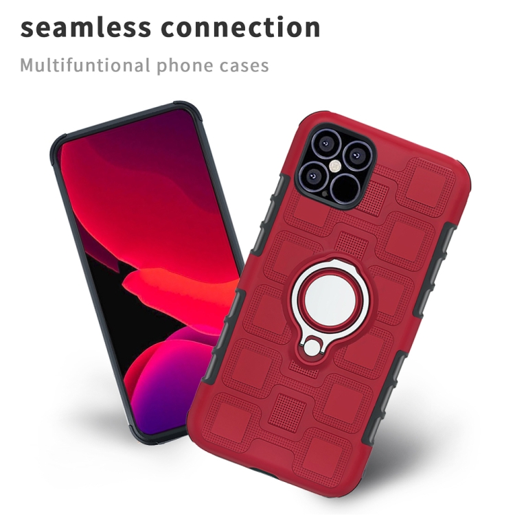 For iPhone 12 / 12 Pro 2 In 1 Cube PC + TPU Protective Case with 360 Degrees Rotate Silver Ring Holder(Red)