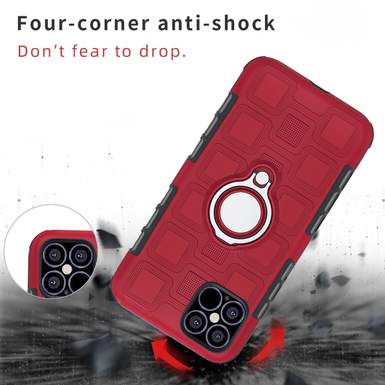 For iPhone 12 / 12 Pro 2 In 1 Cube PC + TPU Protective Case with 360 Degrees Rotate Silver Ring Holder(Red)