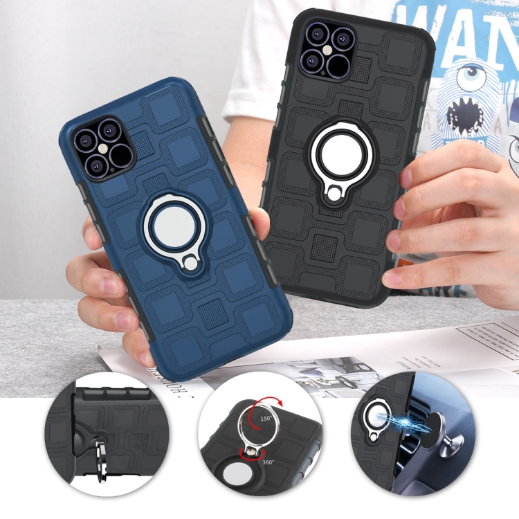 For iPhone 12 / 12 Pro 2 In 1 Cube PC + TPU Protective Case with 360 Degrees Rotate Silver Ring Holder(Red)