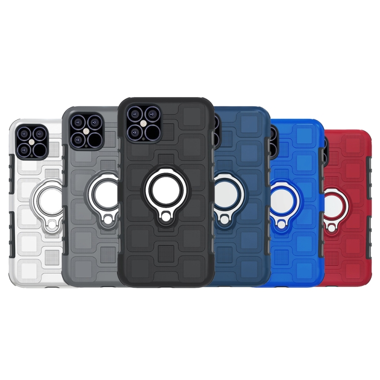 For iPhone 12 / 12 Pro 2 In 1 Cube PC + TPU Protective Case with 360 Degrees Rotate Silver Ring Holder(Red)