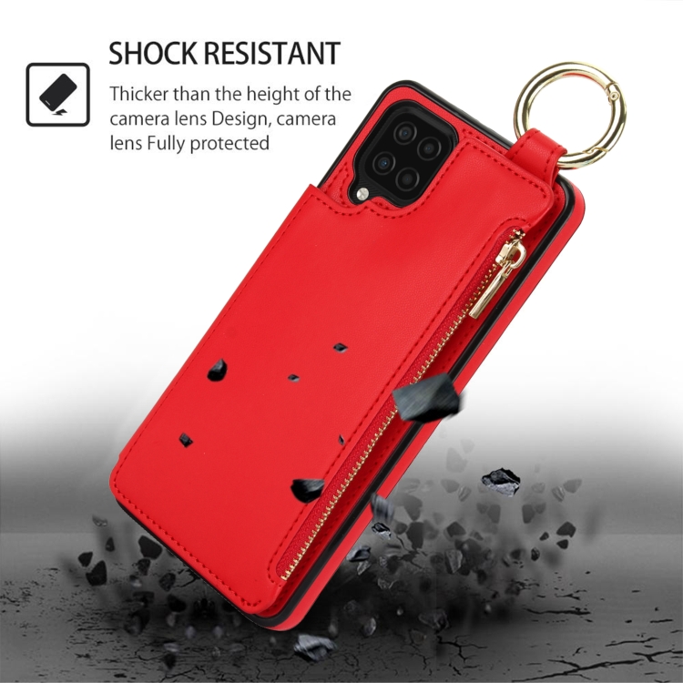 For Samsung Galaxy A12 RFlD Anti-theft Double Buckle Ring Zipper Card Phone Case(Red) For Samsung Galaxy A12 RFlD Anti-theft Double Buckle Ring Zipper Card Phone Case(Red)