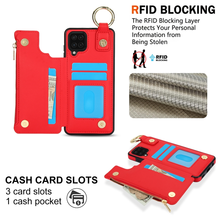 For Samsung Galaxy A12 RFlD Anti-theft Double Buckle Ring Zipper Card Phone Case(Red) For Samsung Galaxy A12 RFlD Anti-theft Double Buckle Ring Zipper Card Phone Case(Red)