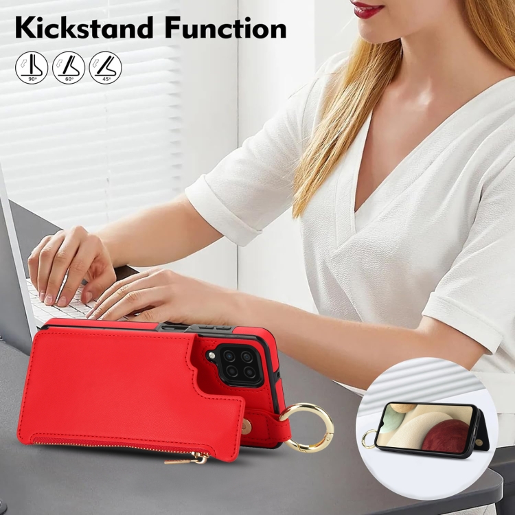 For Samsung Galaxy A12 RFlD Anti-theft Double Buckle Ring Zipper Card Phone Case(Red) For Samsung Galaxy A12 RFlD Anti-theft Double Buckle Ring Zipper Card Phone Case(Red)