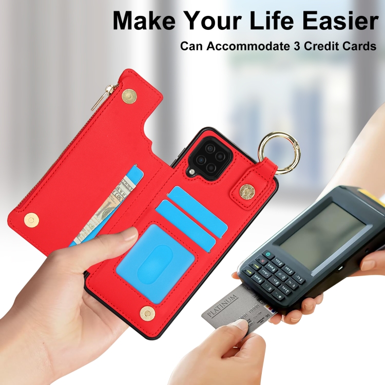 For Samsung Galaxy A12 RFlD Anti-theft Double Buckle Ring Zipper Card Phone Case(Red) For Samsung Galaxy A12 RFlD Anti-theft Double Buckle Ring Zipper Card Phone Case(Red)