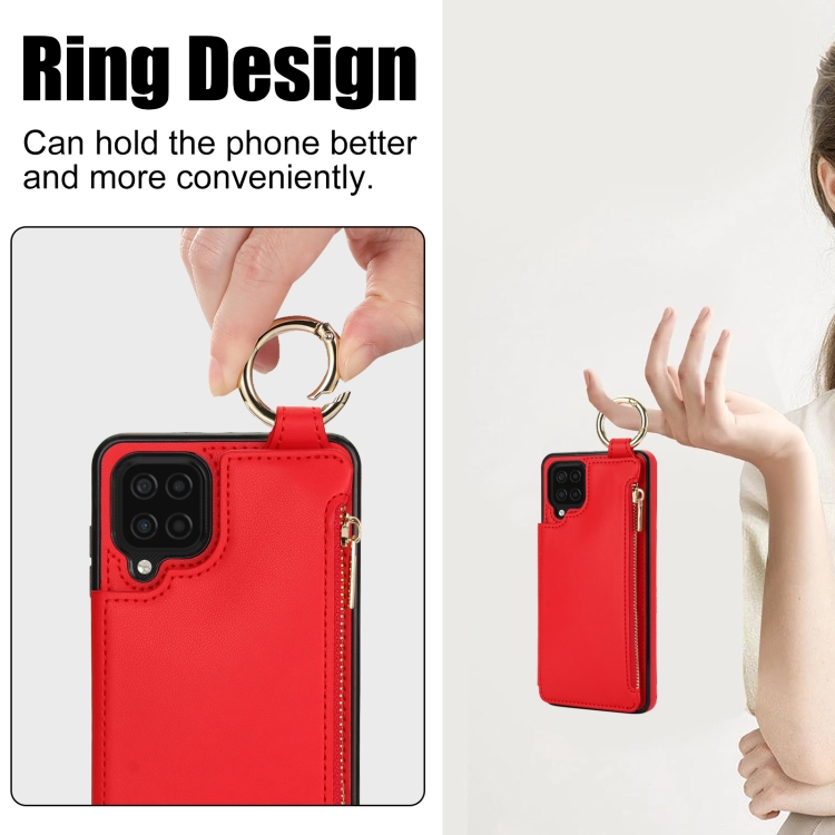 For Samsung Galaxy A12 RFlD Anti-theft Double Buckle Ring Zipper Card Phone Case(Red) For Samsung Galaxy A12 RFlD Anti-theft Double Buckle Ring Zipper Card Phone Case(Red)