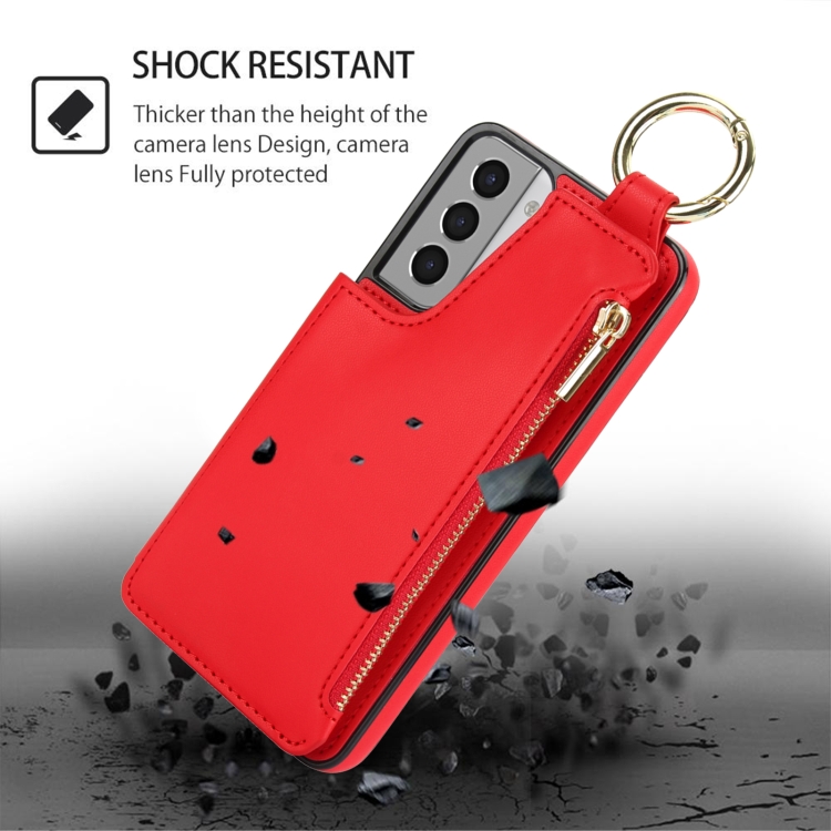For Samsung Galaxy S21 5G RFlD Anti-theft Double Buckle Ring Zipper Card Phone Case(Red)