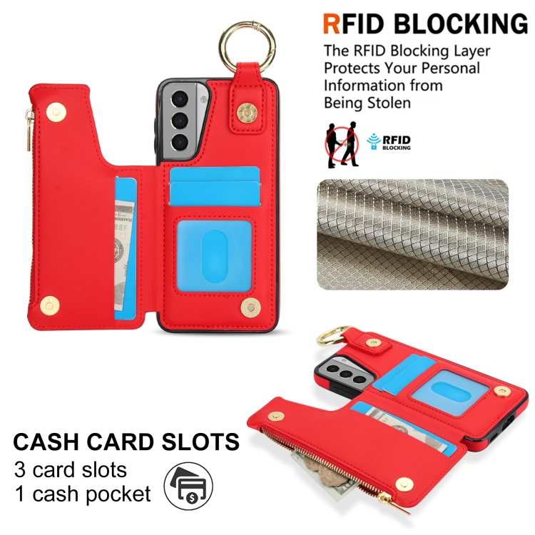 For Samsung Galaxy S21 5G RFlD Anti-theft Double Buckle Ring Zipper Card Phone Case(Red)
