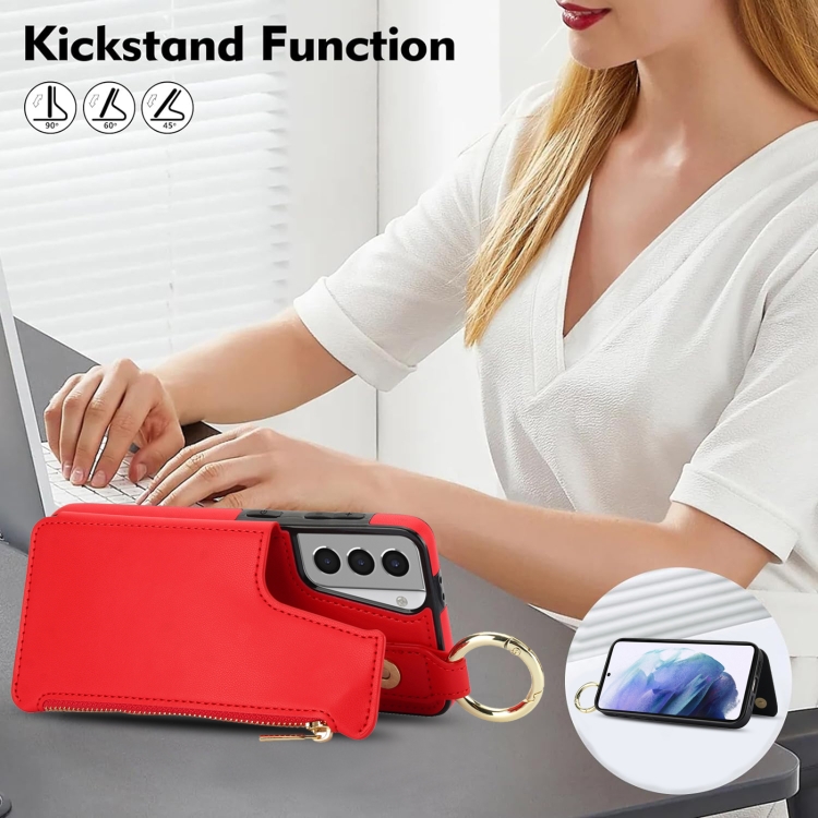 For Samsung Galaxy S21 5G RFlD Anti-theft Double Buckle Ring Zipper Card Phone Case(Red)